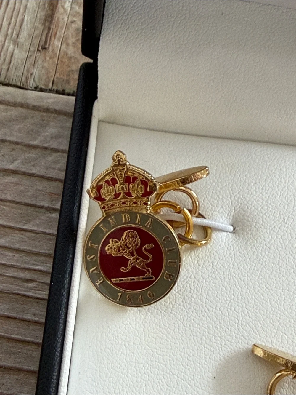 East India Club Gold-Tone Red Enamel Royal Crest Cufflinks